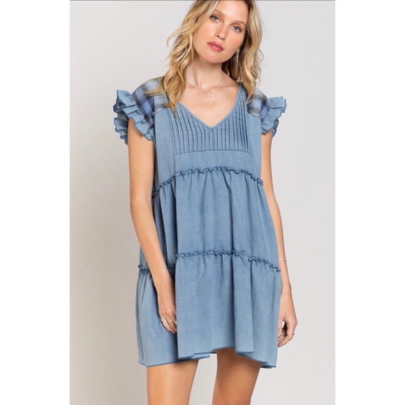 POL V Neck Ruffle Sleeve Denim Babydoll Dress with Plaid - Picture 5 of 5